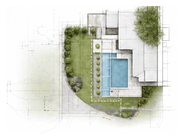 Overhead residential site plan with a pool, landscaping, and marked utility routes