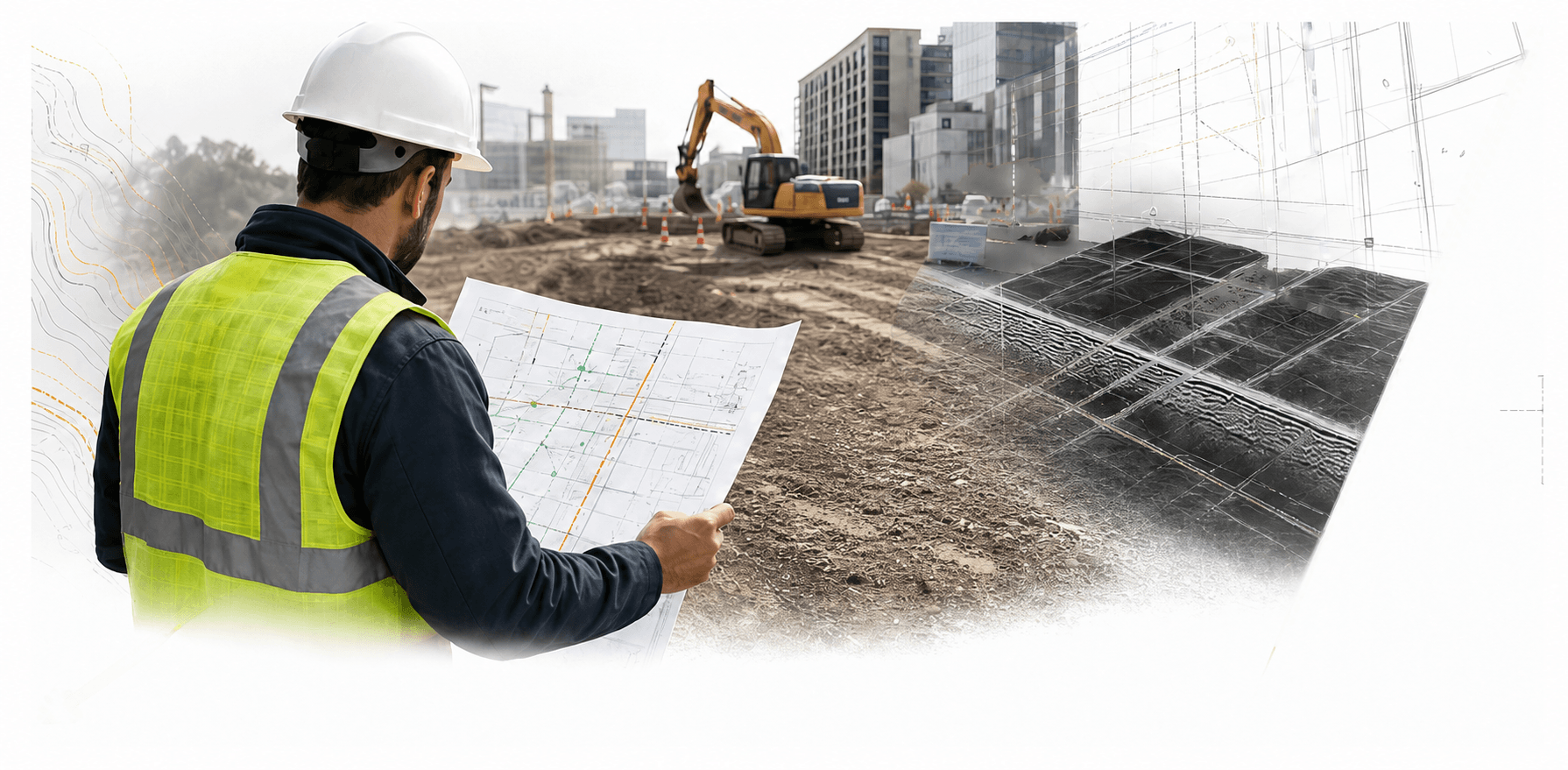 A project-team field specialist reviewing utility plans on an active commercial construction site