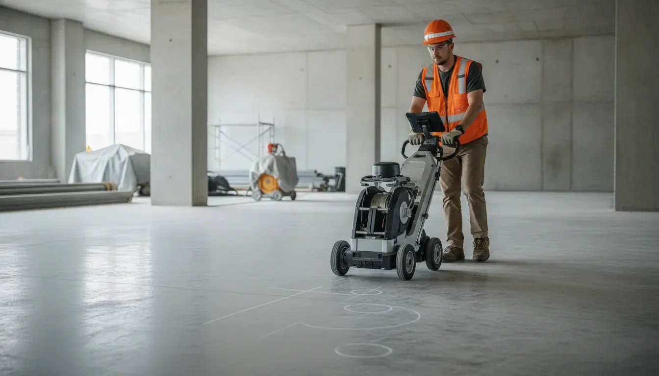 Concrete scanning before drilling with a GPR scanner on a commercial slab