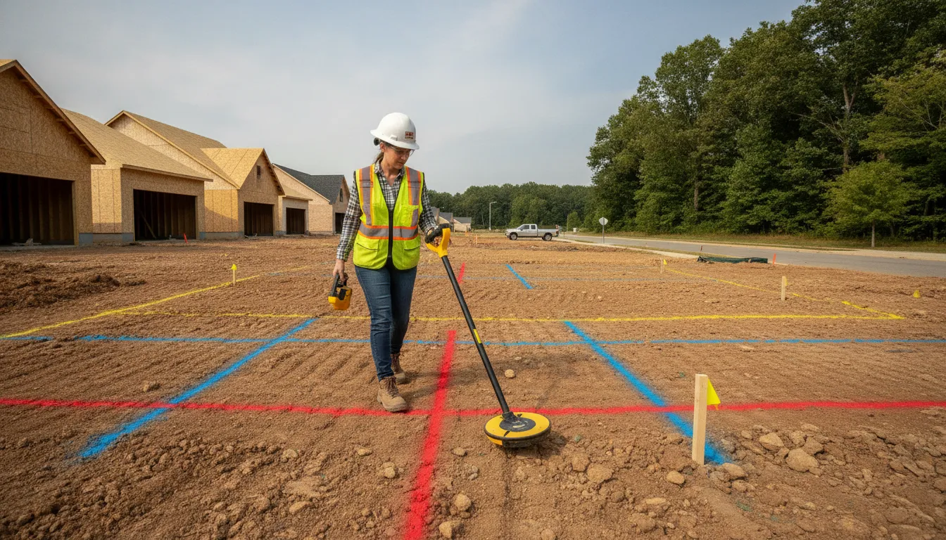 Technician using an electromagnetic locator during private utility locating