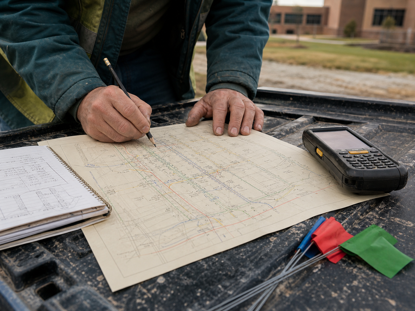 A field specialist annotating a utility plan beside a data collector and marking flags
