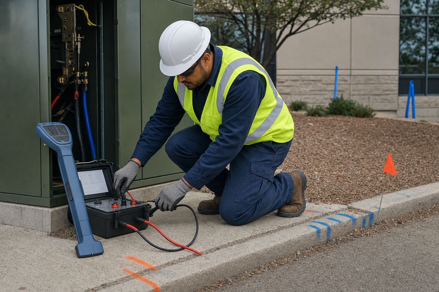 A utility locating specialist operating an electromagnetic transmitter beside a commercial utility cabinet