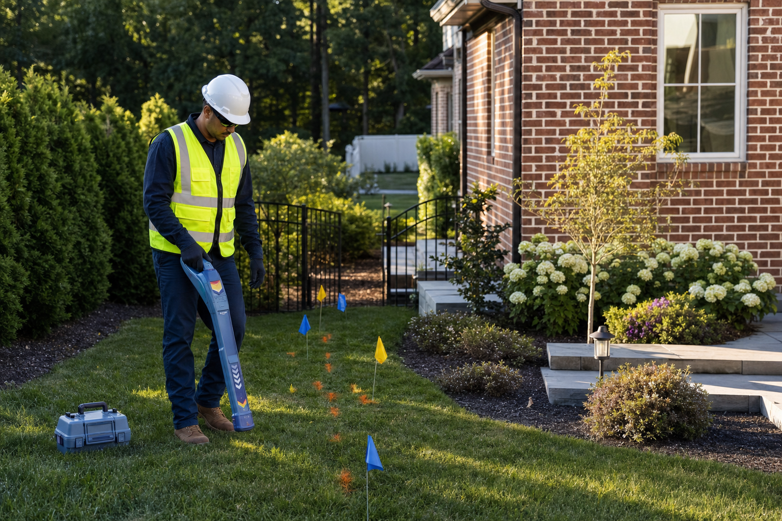 A utility locating specialist tracing marked underground utilities with electromagnetic locating equipment beside a home