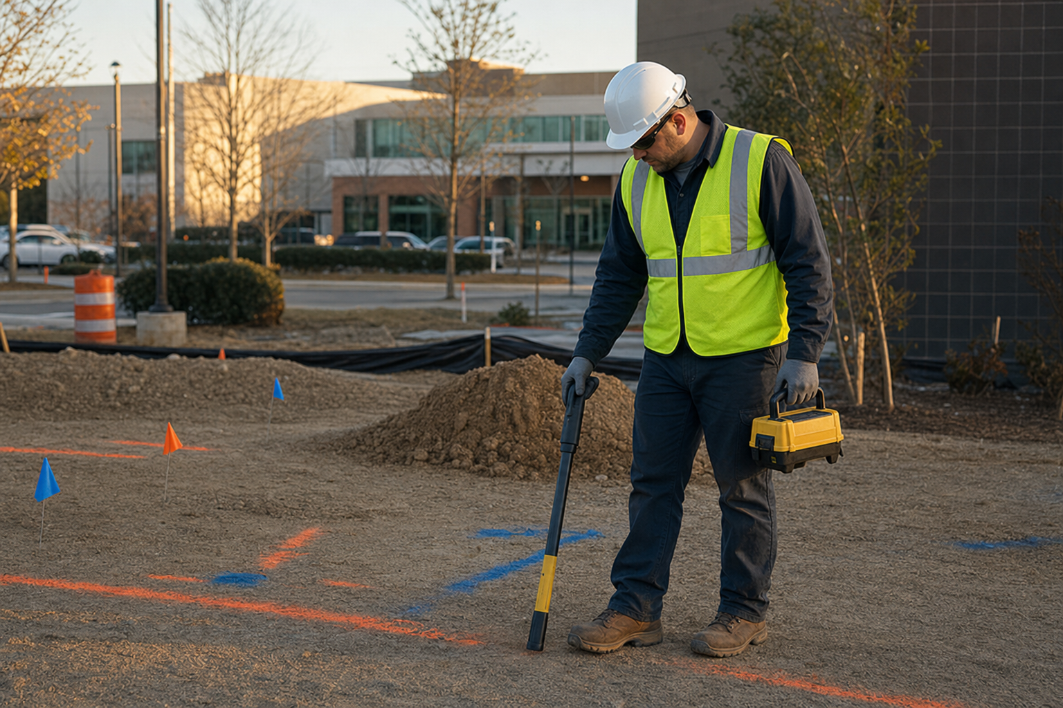 SafeLine field specialist using electromagnetic utility locating equipment on a marked construction site