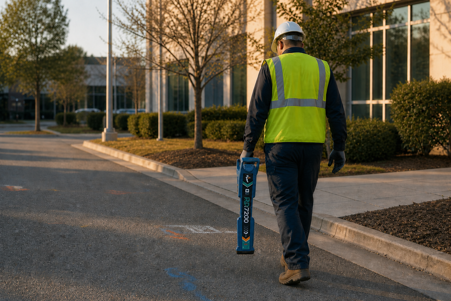 A utility locating specialist using electromagnetic locating equipment beside marked underground utility routes