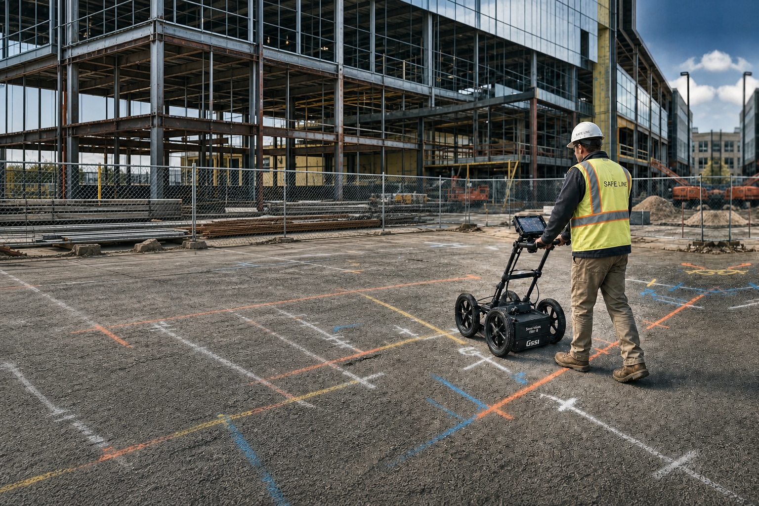 A SafeLine specialist pushing a wheeled ground-penetrating radar unit across a marked construction site