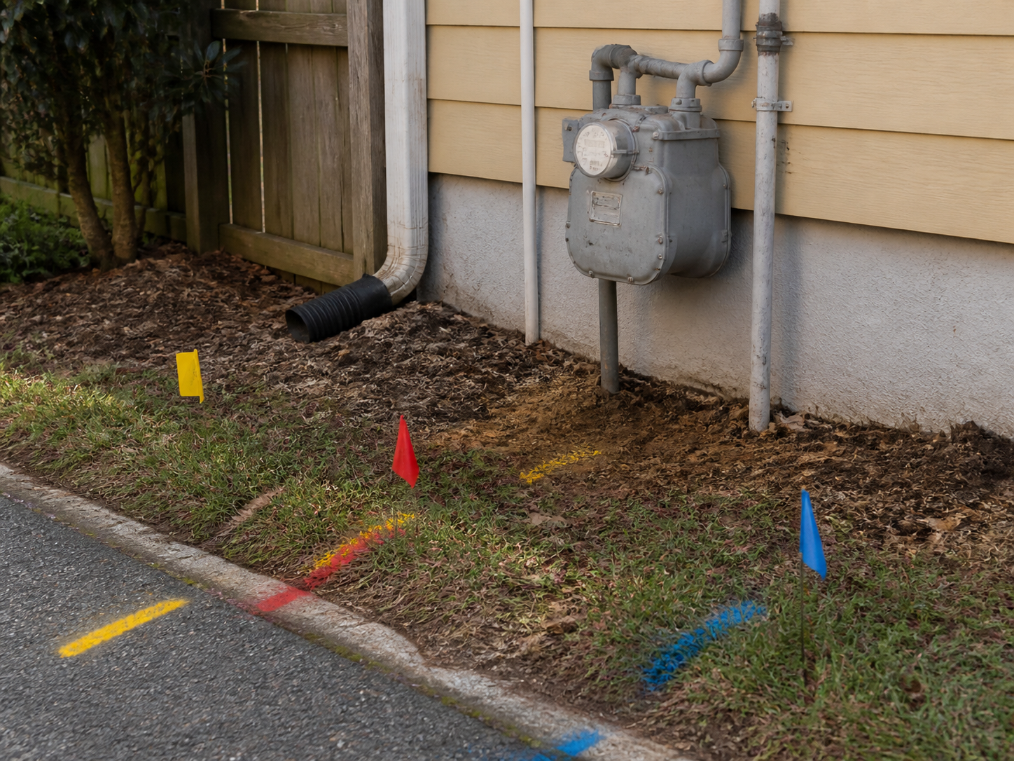 A residential utility meter at the public-to-private ownership handoff with field markings and locate flags