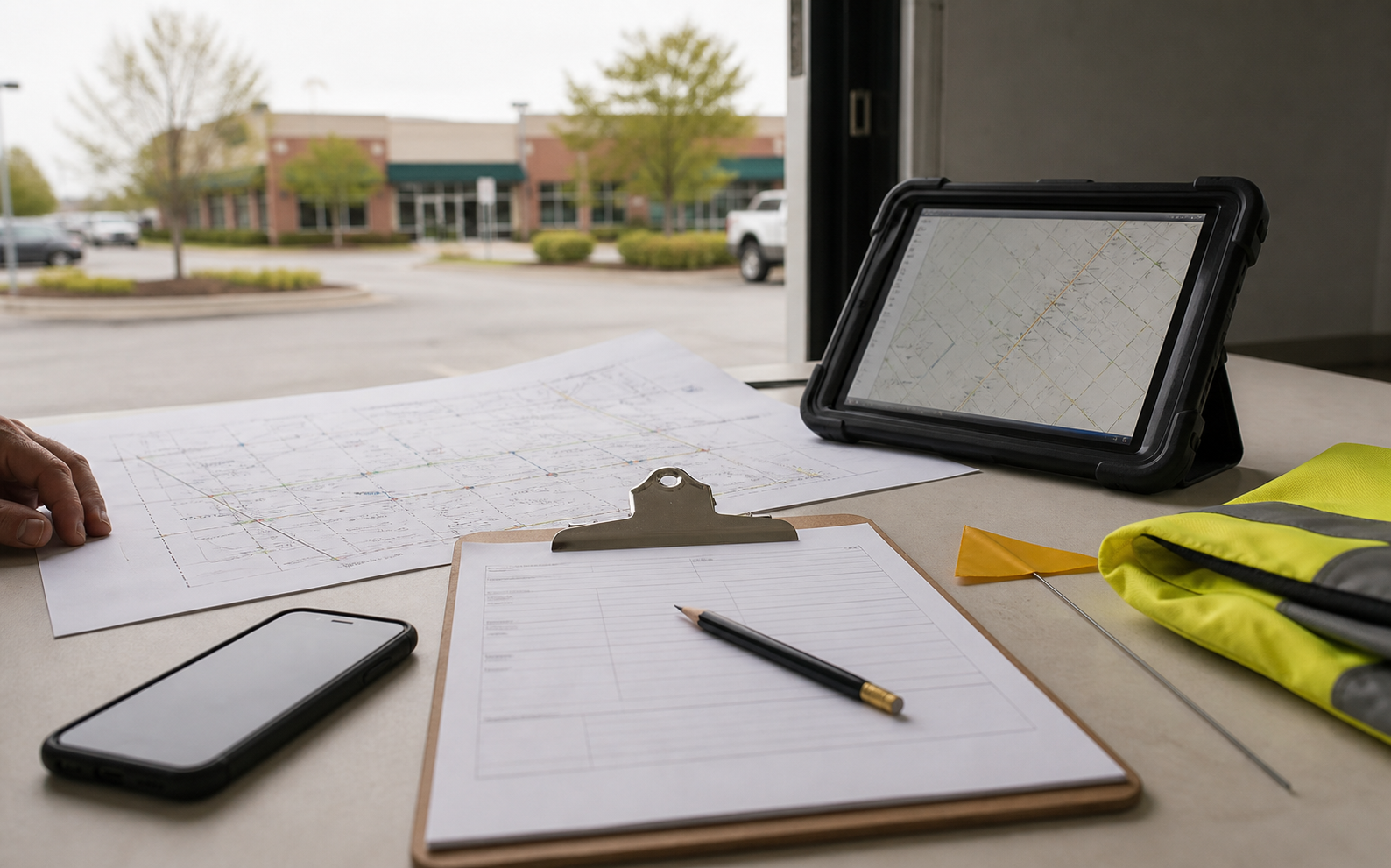 A project brief, site plan, and field tablet prepared for a scoping conversation