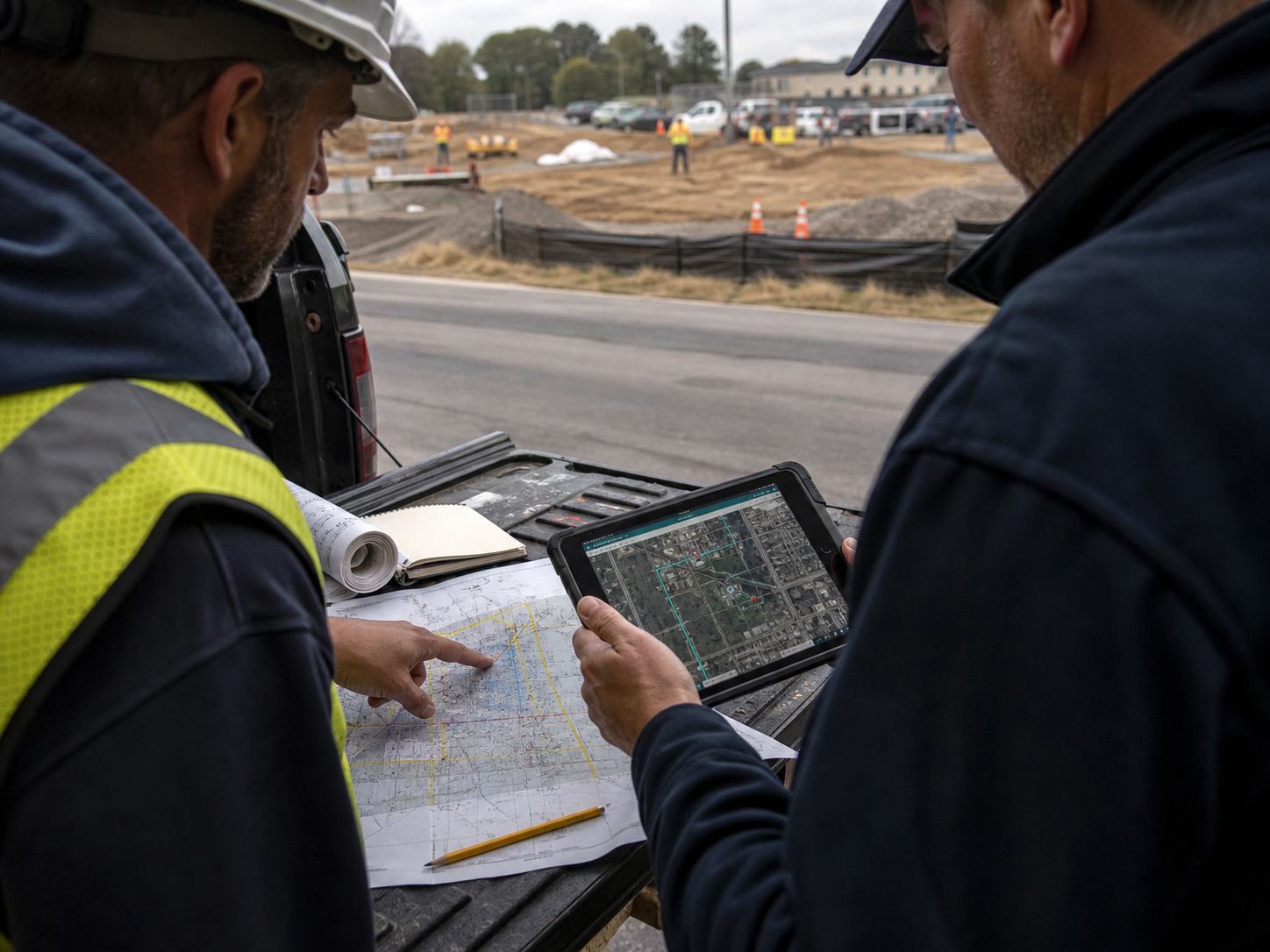 A contractor and project engineer comparing a utility plan with mapped field findings during pre-construction coordination