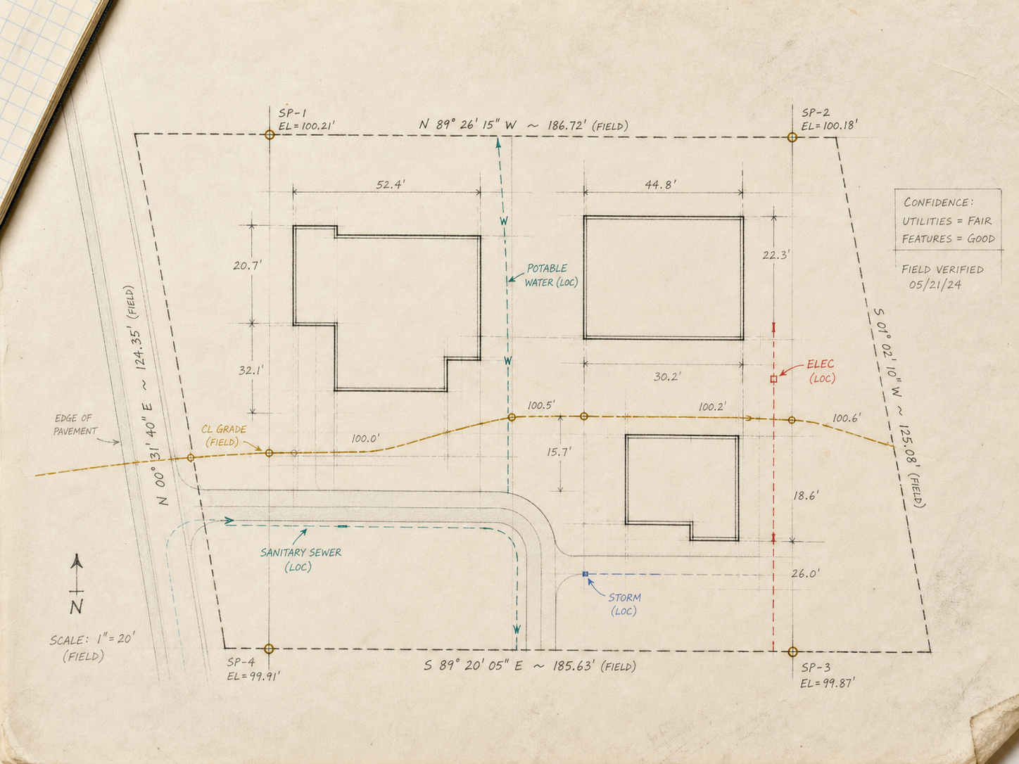 A tactile utility field record with positioned findings and confidence notes for pre-construction coordination