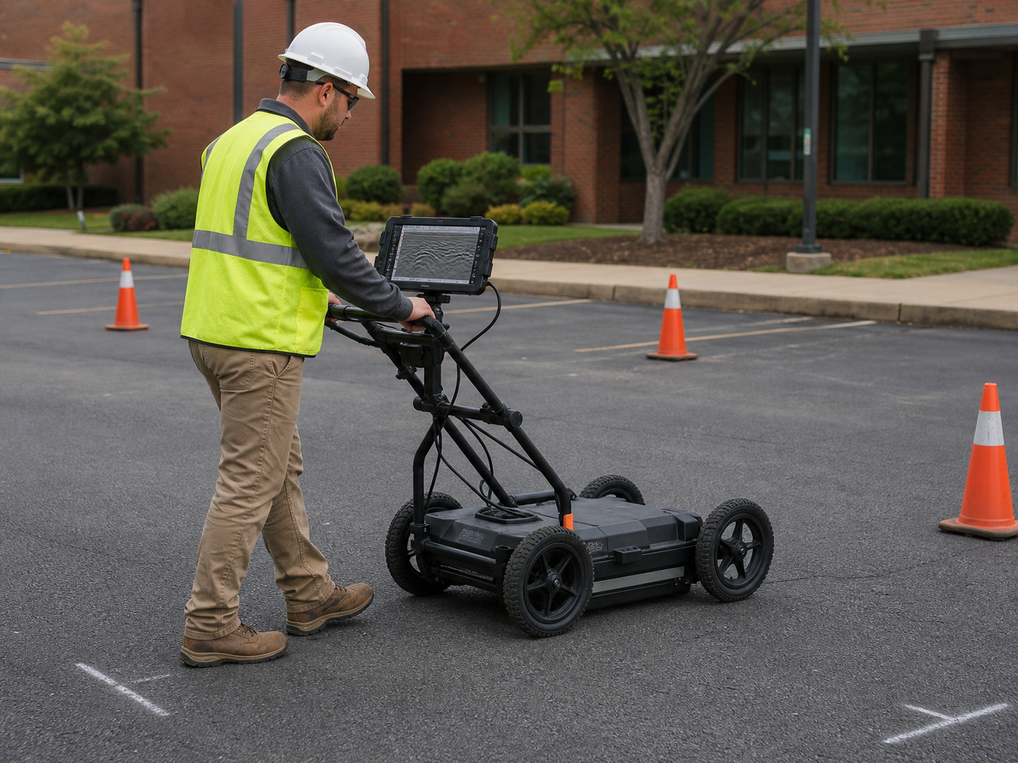 A SafeLine specialist operating a GPR unit during a Virginia subsurface investigation