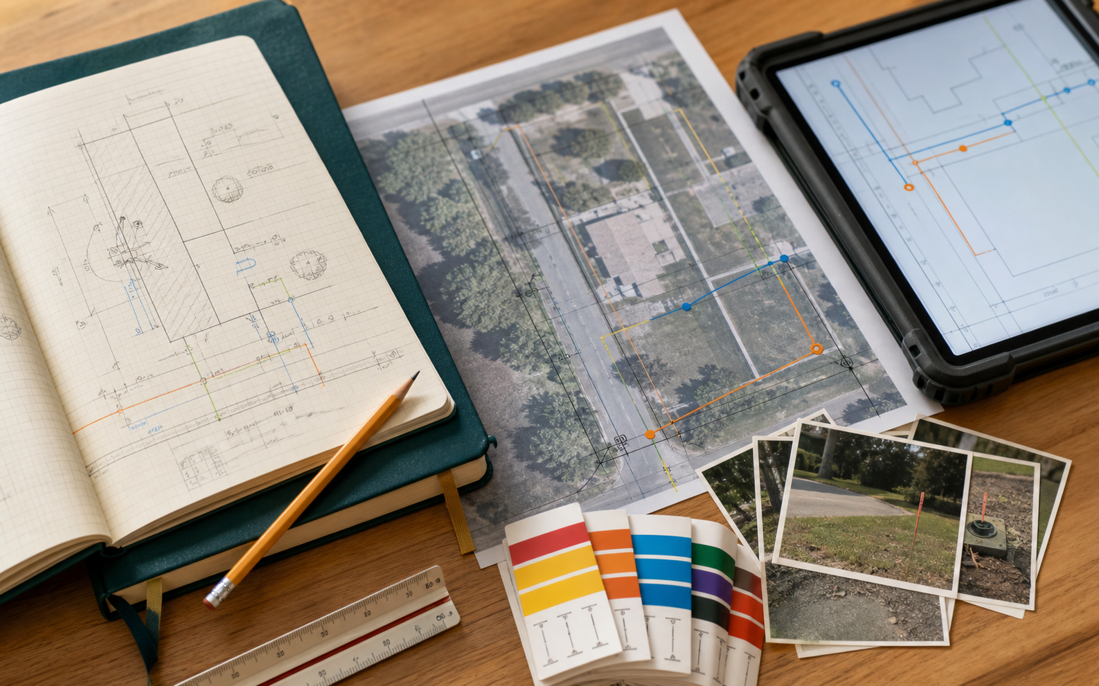 Field notes, utility plans, and mapping documentation arranged for review