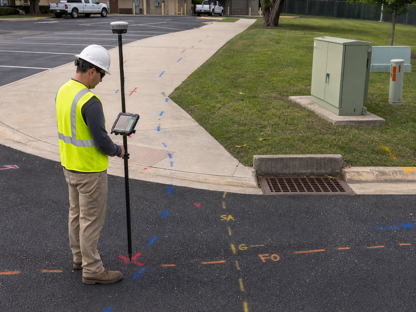 A SafeLine specialist capturing field positions with an RTK GNSS rover
