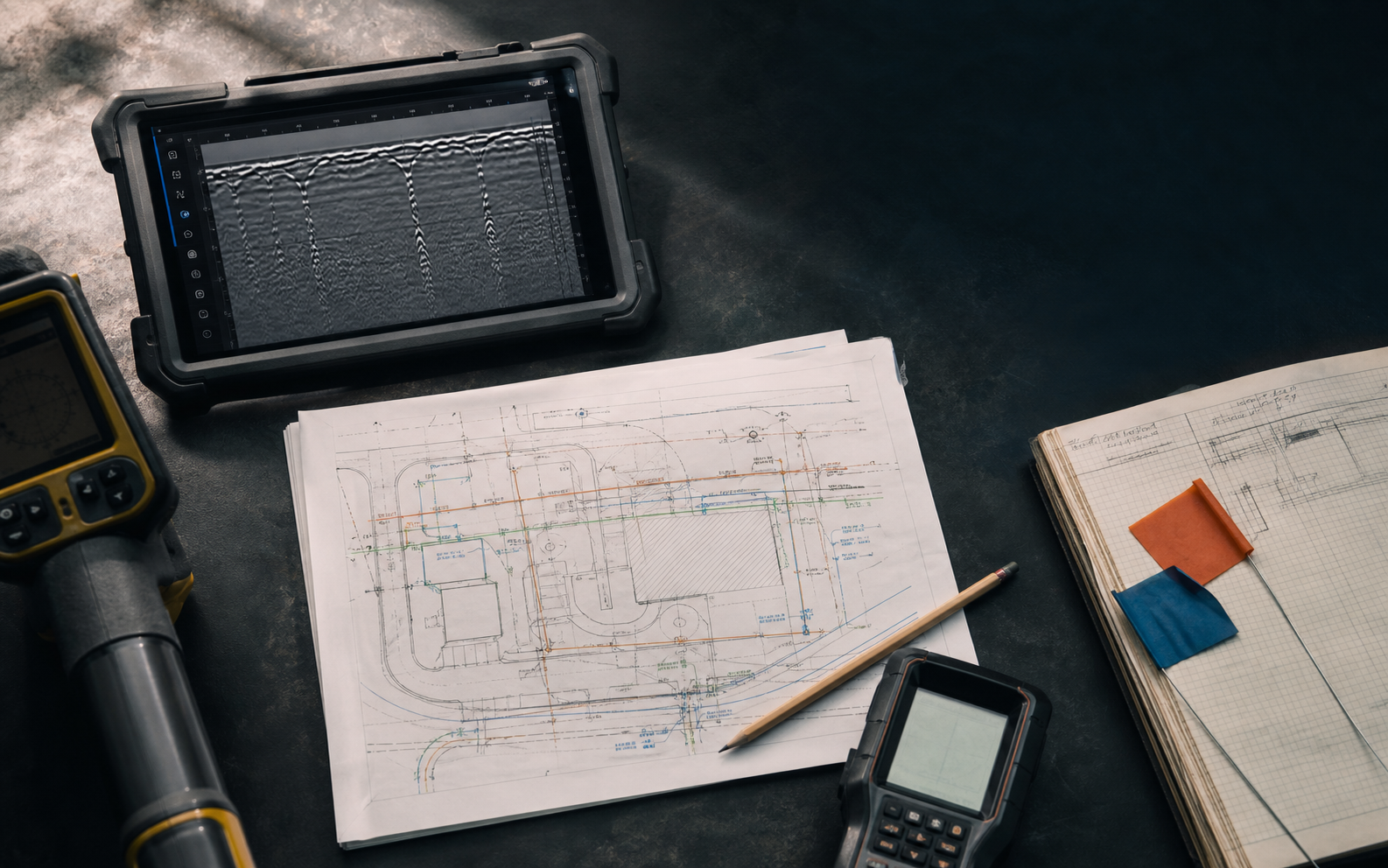 Field investigation equipment, radar evidence, and utility plans arranged for review