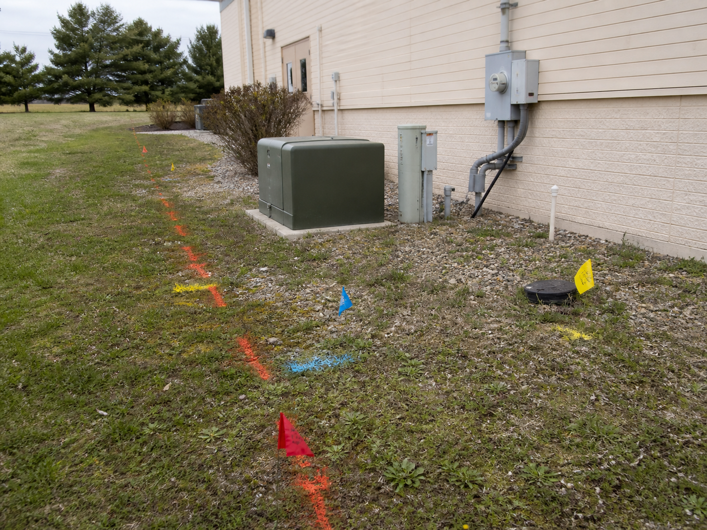 Private electrical, telecommunications, and site utility infrastructure connected by field markings across a defined project area
