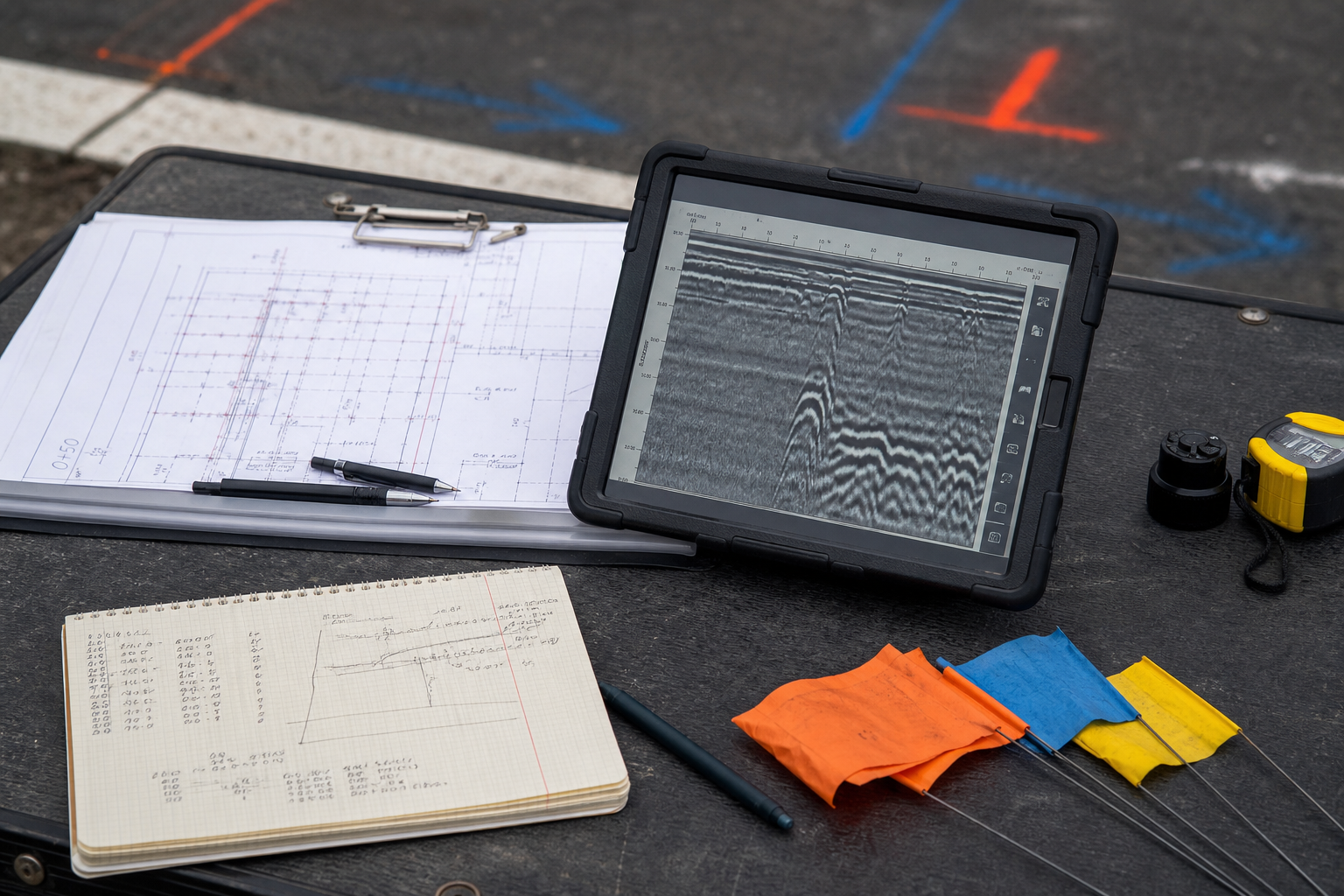 A radar profile, measured site plan, field notes, and utility marking flags arranged for investigation review