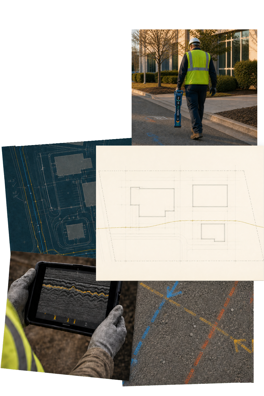 Field investigation collage showing utility mapping, a radar tablet, field markings, and an electromagnetic utility-locating scene