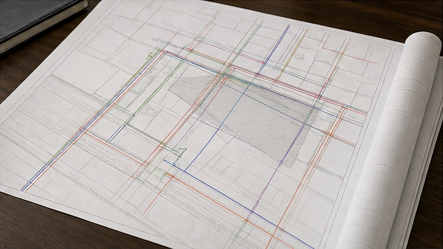 Marked utility plans and field equipment laid out for documentation review