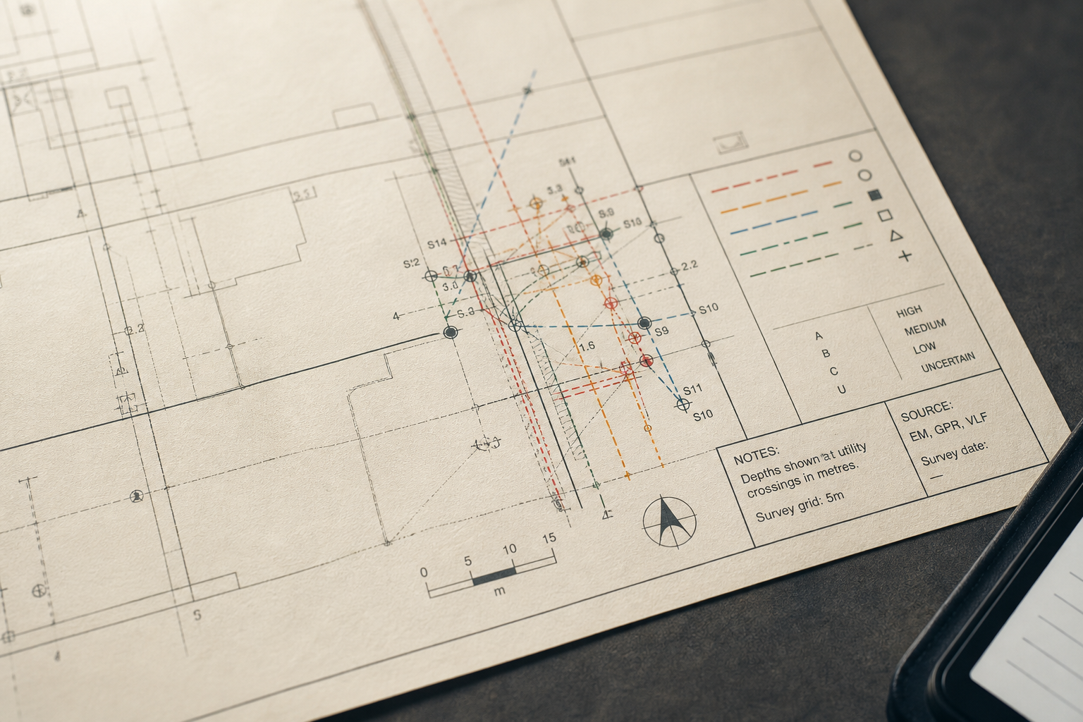 A classified utility field record with survey points, locate paths, and confidence annotations
